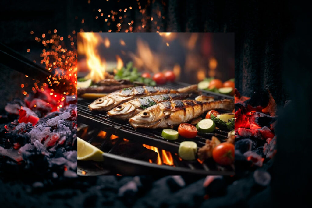 A beautifully grilled fish on a platter garnished with fresh herbs, lemon slices, and grilled vegetables.