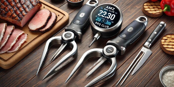 A selection of grilling gadgets, including a burger press, grill scraper, and meat thermometer, showcased on a barbecue setup.