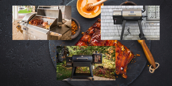 A wood pellet grill in action, featuring sizzling meats and vegetables with visible smoke from 100% wood pellets.