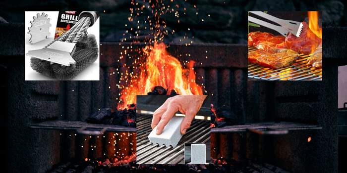 A wood pellet grill in action, featuring sizzling meats and vegetables with visible smoke from 100% wood pellets.