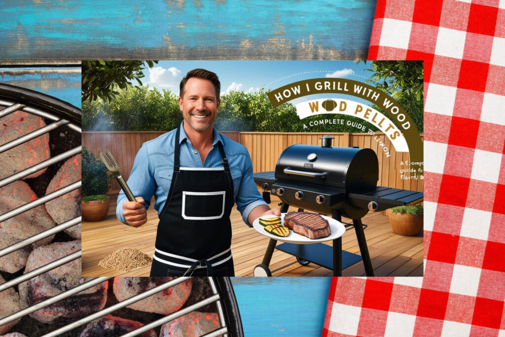 A wood pellet grill in action, featuring sizzling meats and vegetables with visible smoke from 100% wood pellets.