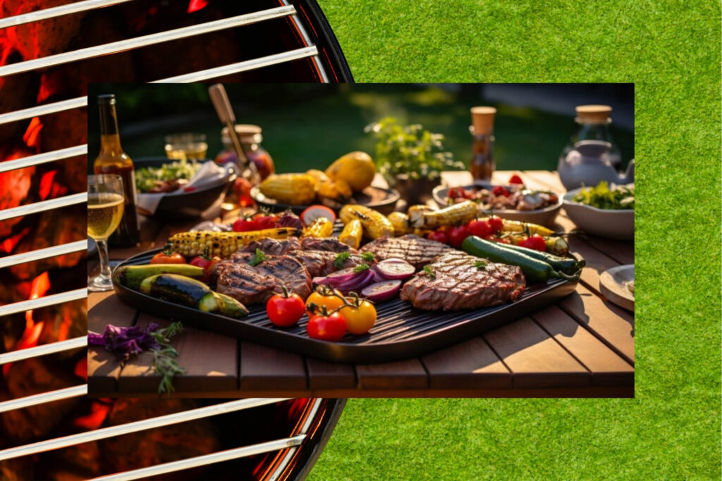 A selection of grilling gadgets, including a burger press, grill scraper, and meat thermometer, showcased on a barbecue setup.