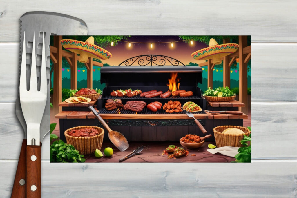 A vibrant setup featuring Mexican grilling tools, fresh tacos, and sizzling meats on a colorful outdoor grill station.