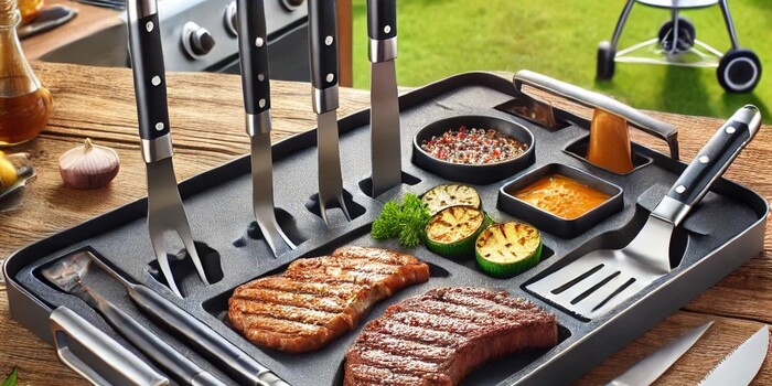 A selection of grilling gadgets, including a burger press, grill scraper, and meat thermometer, showcased on a barbecue setup.