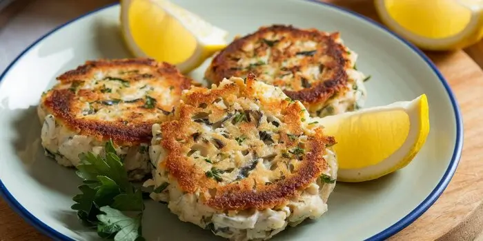 Golden, crispy sardine fish cakes served on a plate, showcasing a delicious and healthy meal option.