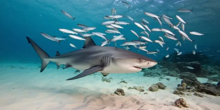 A tiger shark hunting sardines in the ocean, demonstrating its opportunistic approach to feeding.